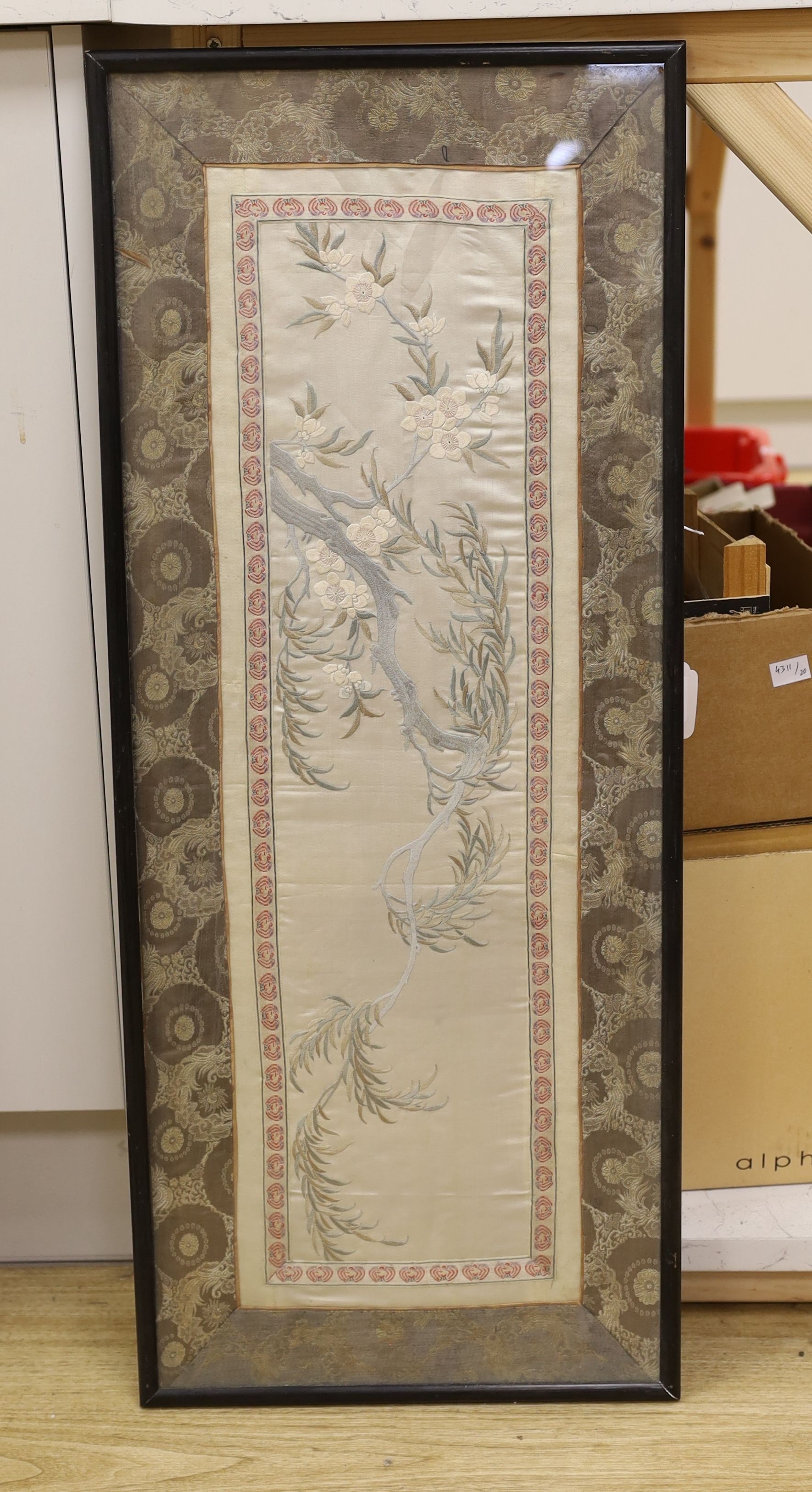 Two Chinese embroideries and two Chinese printed fans (framed)